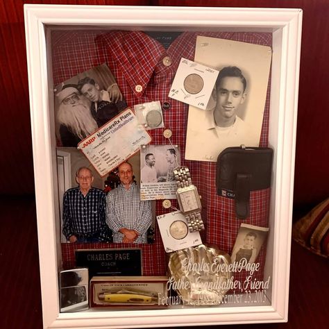 Remembrance Picture Frame, Grandpa Shadow Box Ideas, Mom Memorial Shadow Box Ideas, Memorial Box Frame Ideas, Obituary Keepsake Ideas, Remembrance Shadow Box Ideas, Diy Shadow Box Ideas Memories, Grandpa Memory Ideas, In Loving Memory Shadow Box Ideas