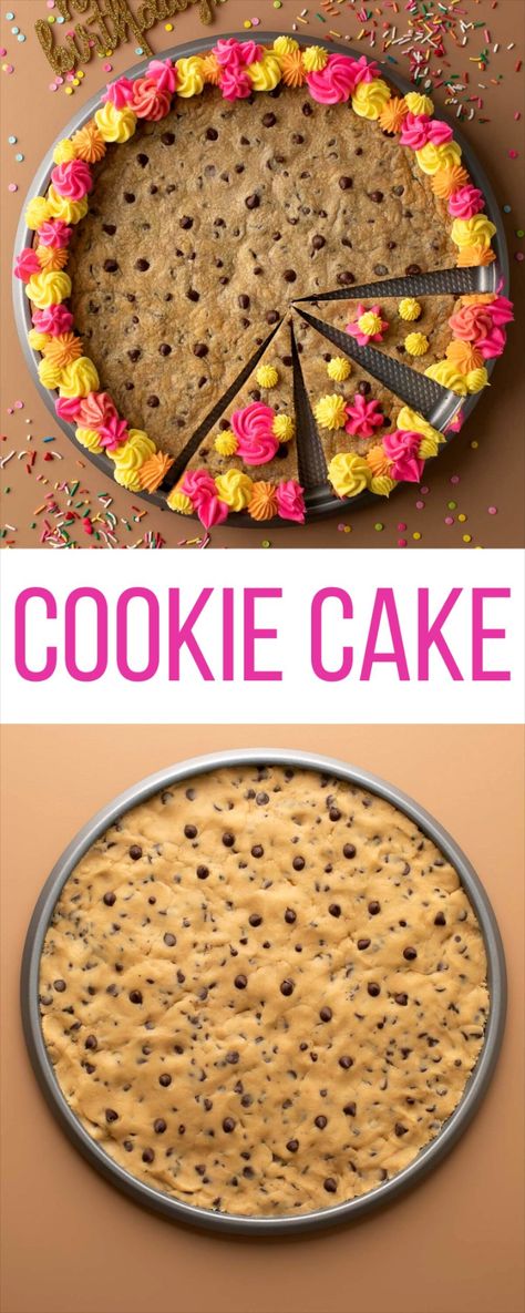 giant homemade chocolate chip cookie cake with icing and sprinkles Cookie Cake That Looks Like Pizza, Cookie In A Cake Pan, Making A Large Cookie Cake, Chocolate Chip Cookie In Pizza Pan, Easy Diy Cookie Cake, Cookie Cake From Package, Diy Cookie Cake Birthdays, Cookie Pizza Birthday, Copy Cat Great American Cookie Cake Recipe