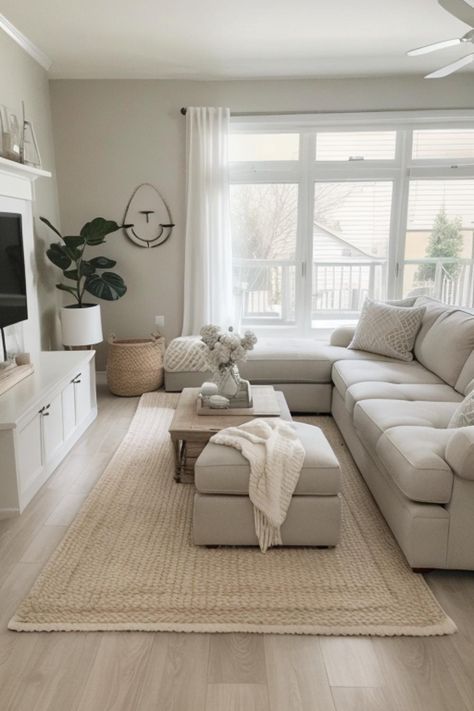 Grey Furniture Home Decor, Beige White Brown Living Room, Big White Living Room Ideas, Simple Neutral Living Room Decor, Light Color Schemes For Living Room, Home Decor White And Grey, Aesthetic Neutral Living Room, Light Grey Neutral Living Room, Beige Family Room Ideas