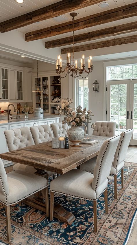 Transform Your Space with These Inviting Farmhouse Dining Room Ideas - Remodr French Interior Dining Room, Traditional Kitchen Table And Chairs, Large Dining Room Decor Ideas, Large Wood Dining Table, Farmhouse Small Dining Room, Rustic Dining Room Decor Ideas, 2024 Dining Room Trends, Kitchen With Breakfast Table, Cozy Dining Room Aesthetic