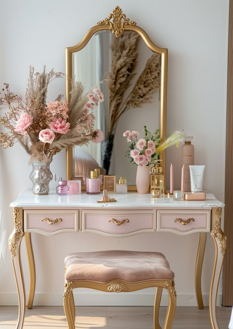 Transform your bedroom with these 29 stunning dressing table ideas! From elegant vanities and modern designs to chic storage solutions and vintage-inspired pieces, find the perfect dressing table to elevate your space. Get inspired by creative setups that blend style and functionality. Women Small Room Ideas, Dressing Vintage Style, Refurbished Vanity Ideas, Make Up Tables Ideas, Vanity Ideas Bedroom Vintage, Makeup Vanity Decor Ideas, Fancy Vanity, Vintage Vanity Aesthetic, Vintage Makeup Vanity