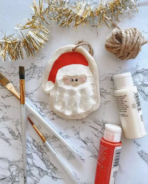 Santa Hand Salt Dough Ornament, Baby Salt Dough Christmas Ornaments, Santa Salt Dough Handprint, Foot Salt Dough Ornaments, Hand Ornaments Salt Dough, Salt Dough Ornaments Santa, Salt Dough Santa Ornaments, Salt Dough Ideas For Kids, Salt Dough Hand Ornaments