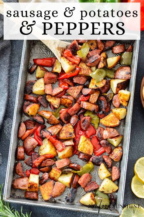 Roasted sausage and potatoes and peppers is an easy, one-pan recipe made with only 8 ingredients! A delicious quick, easy & nutritious dinner. Sausage Potatoes And Peppers, Baked Red Potatoes, Roasted Sausage, Green Pepper Recipes, Sausage And Potatoes, Nutritious Dinner, Sausage Peppers And Onions, Sausage Ingredients, Sausage Dishes