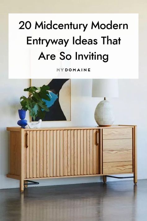 Clean lines, muted tones, and geometric shapes were all the rage in the '50s and '60s, and these elements are still stylish today. Make your entryway feel inviting by giving these midcentury modern decorating ideas a try. #MidcenturyModern #MidcenturyModernEntryway #EntrywayIdeas #EntrywayDesign #MyDomaine Mid Century Entryway Ideas, Modern Decorating Ideas, Modern Entryway Ideas, Mid Century Modern Entryway, Mid Century Entryway, Mid Century Modern Door, Modern Entryway Decor, Entry Cabinet, Modern Decorating