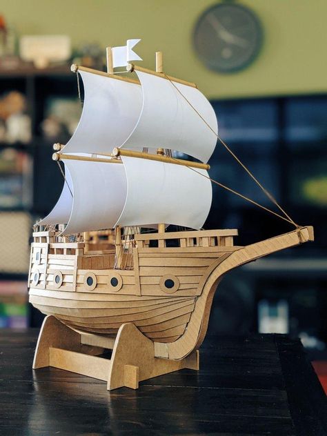 Cardboard Ship Diy, Pirate Boat Craft, Ship Out Of Cardboard, Ship Cardboard, Pirate Ships Diy, Cardboard Ship, Ship Model Diy, Cardboard Pirate Ship, Ship Diy