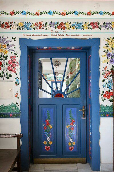 Decorative Hungarian Folk Art Painting                                                                                                                                                     More Folk House, Blue Door, Beautiful Doors, Doors And Windows, Windows Doors, The Doors, Windows And Doors, Knock Knock, Hungary