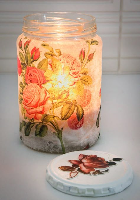 Tissue Paper Modge Podge Projects, Tissue Paper Jars, Decoupage Lantern, Mason Jar Tissue Paper Lantern, Decoupage Mason Jars, Tissue Paper On Glass Jars, Tissue Paper Candle Transfer, Coffee Jar Crafts, Decoupage Candle Jars