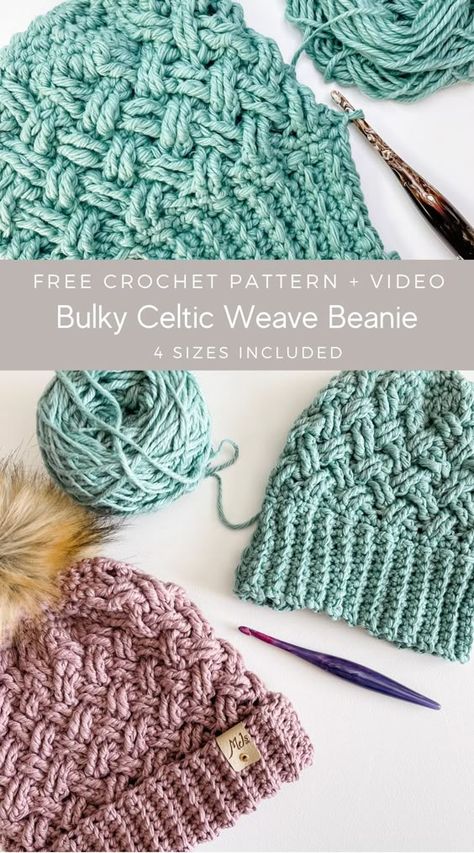 Free crochet pattern for my blog subscribers. Bundle up and stay cozy in the Bulky Celtic Beanie. The crochet hat is thick and warm with a fold-over band and Celtic weave cables. Sizing includes baby to adult with a step-by-step video tutorial on YouTube. Designed in a beautiful bulky weight cotton yarn available in gorgeous modern tones. Woven Beanie Crochet Pattern, Crochet Hat Ideas Free Pattern, Cable Crochet Hat Pattern Free, Bulky Yarn Hat Crochet Pattern Free, Bulky Hat Crochet Pattern Free, One Hour Crochet Beanie, Crochet Wool Hat Free Pattern, Crochet Beanie Pattern Free Bulky Yarn, Chunky Yarn Hat Crochet Pattern Free