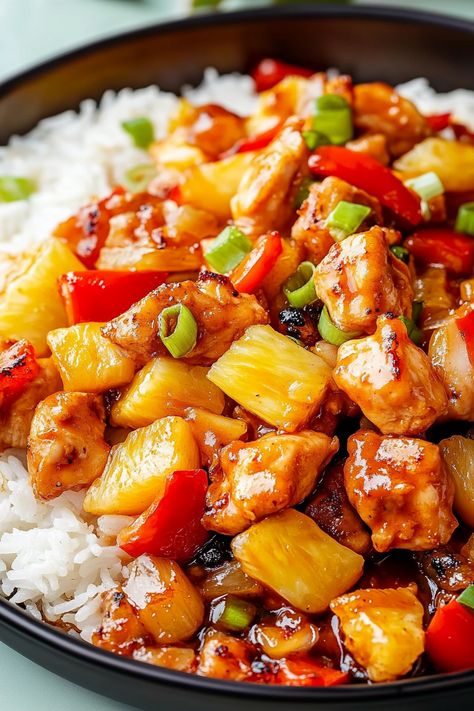 pineapple chicken and rice Savory Pineapple Recipes, Baked Pineapple Chicken, Bbq Pineapple Chicken, Pineapple Chicken And Rice, Pineapple Chicken Stir Fry, Birthday Preparation, Quick Fried Rice, Pineapple Boats, Pineapple Juice Recipes