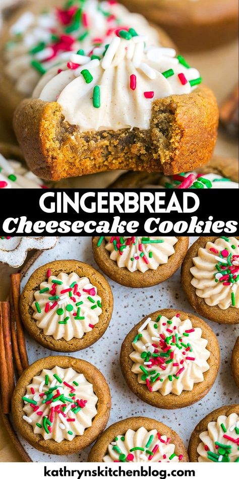 Gingerbread Cheesecake Cookies Christmas Cookie Inspo Easy, Gingerbread Cream Pie Cookies, Christmas Desserts Creative, Christmas’s Cookie, Gingerbread Cheesecake Cookies Recipe, Cheesecake Stuffed Ginger Spiced Cookies, Cream Cheese Stuffed Gingerbread Cookies, Crumbl Christmas Flavors, Christmas Inspired Cookies