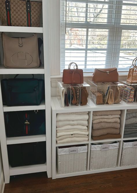 Organizing Your Closet Ideas - Closetful of Clothes Designer Purse Organization, Organizing Bags In Closet, Walk In Closet Purse Display, Purse And Shoe Display, Purse Displays Retail, Black Hangers Aesthetic, Kallax Purse Storage, Duffle Bag Storage Ideas Closet, Small Purse Organization