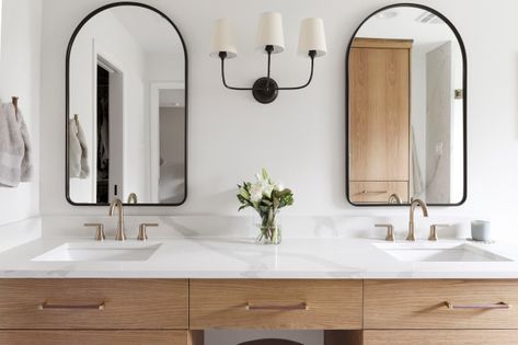 Before and After: 3 Dreamy White-and-Wood Bathroom Makeovers Ikea Hack Bathroom, Bathroom Light Fixtures Brushed Nickel, Bathroom Vanity Diy, Brushed Nickel Bathroom Lighting, Bathroom Industrial Chic, Bathroom Rehab, Mountain Home Interiors, Vanity Diy, Bath Lights