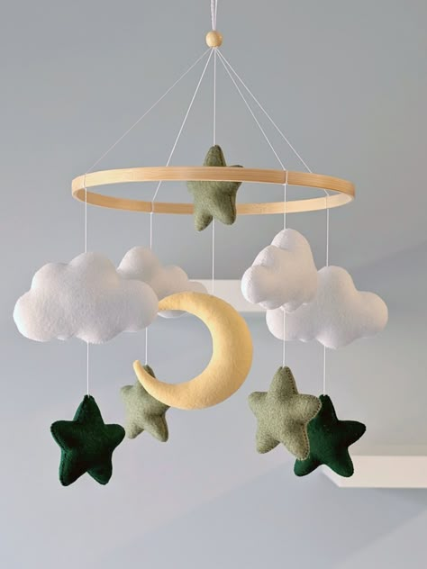 Gender-Neutral Nursery Decor, Green Stars and Moon, Felt Cloud Mobile, Baby Shower Gift Gender Neutral Themed Nursery, Gender Neutral Mobile, Felt Mobile Baby, Dark Green Nursery Boy, Dark Green Baby Nursery, Gender Neutral Nursery Green, Sun Moon Stars Nursery, Green Nursery Neutral, Green Baby Nursery