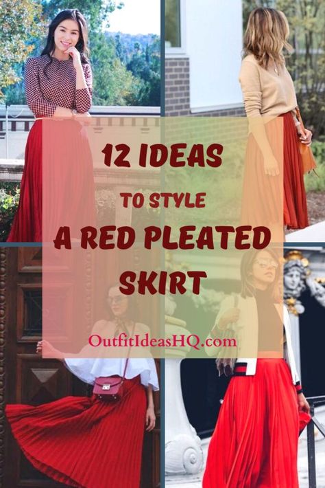 Red pleated skirts are one clothing item that looks great, feels comfortable and is quite simple to pull off. You can pair a red pleated skirt with boots and sweaters during winter, while in summer – sandals or pumps with t-shirts or button down shirts are viable options as well. Button Down Shirt With Pleated Skirt, Style A Red Skirt, Red Flowy Skirt Outfit, Red Skirt Outfit Casual, Long Pleated Skirt Winter Outfit, Plus Size Pleated Skirt Outfits Winter, Red Midi Skirt Outfit Winter, Pleated Red Skirt Outfit, Red Skirt Black Top Outfit