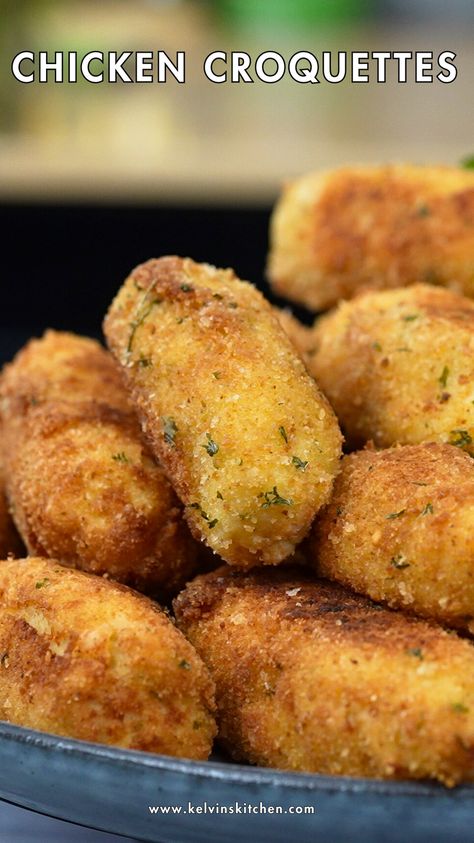 Welcome to Kelvin's Kitchen! Today, we're whipping up the ultimate homemade chicken croquettes that are crispy on the outside and creamy on the inside. Follow along as we take you step-by-step through this delicious recipe, perfect for any occasion.                  #croquettes #chickenrecipe #appetizerrecipe #easydinner #comfortfood #partyfood #fingerfood #kidfriendly #familydinner Dutch Kroketten Recipe, Chicken Croquettes Recipe Easy, Croquette Appetizer, Chicken Croquettes Easy, Chicken Croquets, Baked Croquettes, Turkey Croquettes Recipes, Baked Chicken Croquettes, Kroketten Recipe