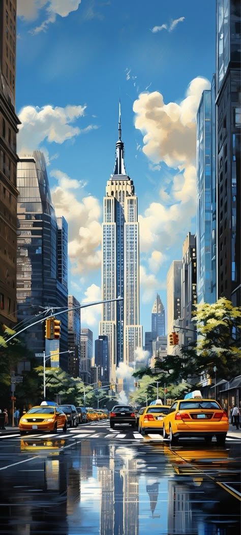 New York Concept Art, Anime City Street, Ghibli City, New York Anime, New York Drawing, City Scape Painting, Cityscape Wallpaper, New York Painting, Skyline Painting