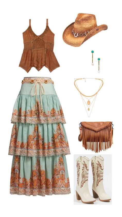 Western Performance Outfit, Rustic Cowgirl Outfit, Bohemian Cowgirl Outfits, Dress Outfits With Cowgirl Boots, Hippie Country Outfits, Coastal Cowgirl Outfit Casual, Hippie Cowgirl Aesthetic, Western Hippie Aesthetic, Aesthetic Cowgirl Outfit