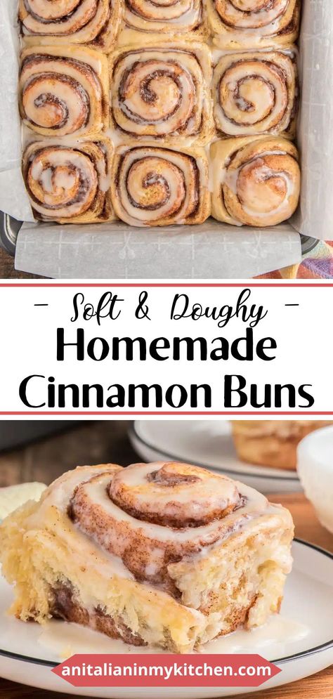 Soft, doughy and comforting these are the best Homemade Cinnamon Buns with a warm cinnamon sugar filling and a yeast-based dough enriched with butter and sugar. These sweet rolls bake up to fluffy perfection then are topped with an easy glaze which adds an extra layer of sweetness to this indulgent treat! Best Homemade Cinnamon Rolls, Cinnamon Rolls From Scratch, Cinnamon Bun Recipe, Cinnamon Roll Recipe Homemade, Fluffy Cinnamon Rolls, Cinnamon Rolls Easy, Best Cinnamon Rolls, Homemade Cinnamon Rolls, Maple Glaze