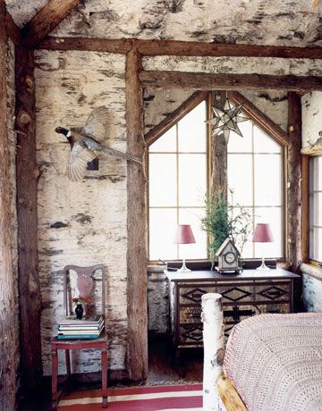 Handmade Four-Poster Bed; like the placement of the logs on the wall.... Adirondack Decor, Transitional Living Room Furniture, Billy Baldwin, Twig Furniture, Adirondack Style, Adirondack Furniture, Interesting Interiors, Rock Fireplaces, The Adirondacks