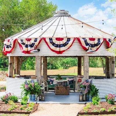 Corn Crib Ideas, Pond With Ducks, American Flag Bunting, Patriotic Porch, Grain Bins, Corn Crib, Yankee Doodle, Back Yards, Classic Cottage