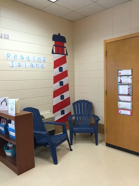 Nautical Classroom Reading Island   Lighthouse is made of bulletin board paper. I spray painted these chairs to match. I was surprised that the paint lasted all year! Nautical Library, Pirate Theme Classroom, Nautical Classroom Theme, Beach Classroom, Pirate Classroom, Beach Theme Classroom, Nautical Classroom, Sailing Theme, Ocean Classroom