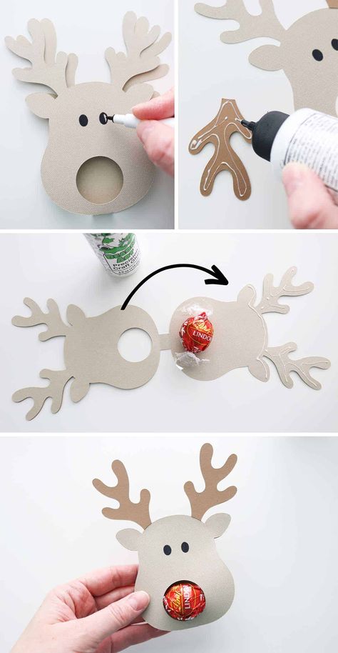 Diy's For Christmas, Very Simple Christmas Decor, Diy Christmas Kids Gifts, Rudolph Lollipop Template, Christmas Lollipop Holder Printable, Diy Candy Holders Craft Ideas, Kids Made Christmas Gifts, Reindeer Sucker Template, Idea For Christmas Gifts