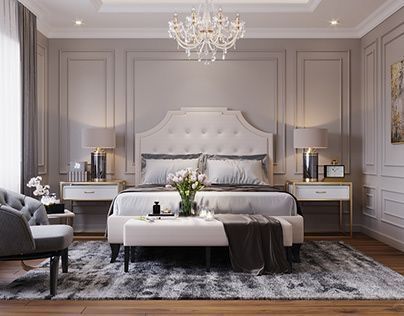 bed Luxury Grey Bedroom decor cozy bedroom white bed transitional style Taupe Grey luxury bedroom D Luxury Grey Bedroom, Cozy Bedroom White, Grey Luxury Bedroom, Bedroom White Bed, Neo Classic House, Classic Bedroom Design, Grey Bedroom Decor, Luxury Bedroom Furniture, Modern Luxury Bedroom