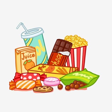 Food Animation Art, Cute Snacks Drawing, Snack Inktober, Snacks Drawing, Snack Drawing, Snack Cartoon, Snacks Illustration, Snacks Cartoon, Snack Clipart