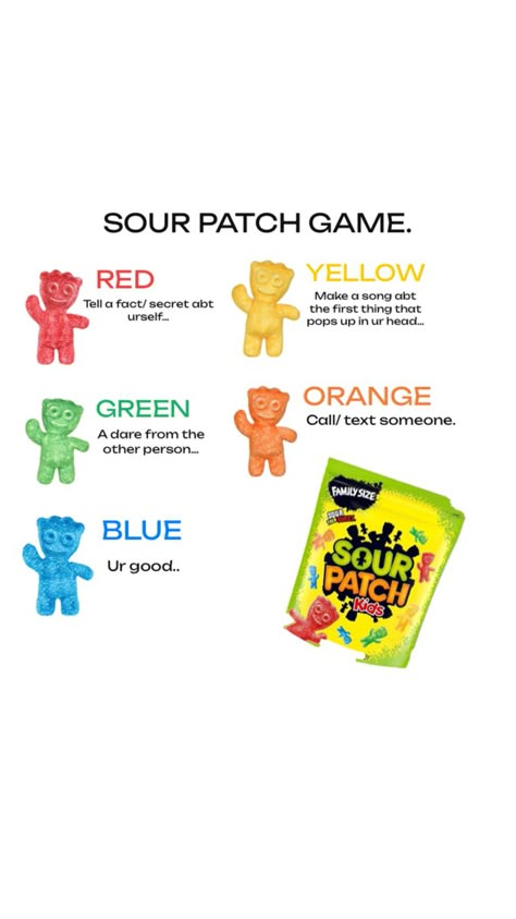 Sleepover Sour patch kids gameee Sour Patch Game Sleepover, Sourpatch Kid Games, Sour Patch Kids Game, Sour Patch Game, Sleepover Games To Play, Sleep Over Games, Sleepover Ideas For Teenagers, Starbucks Drinks Ideas, Fun Games For Teenagers