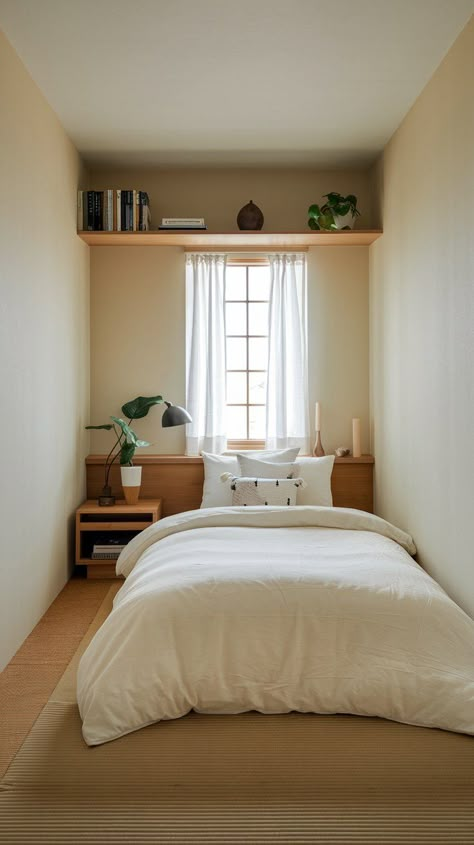 Small Minimalist Bedroom Ideas, No Bedroom Apartment, Small Bedroom Ideas King Bed, Never Too Small Bedroom, King Bed In Tiny Room, Scandi Chic Bedroom, Cozy Single Bedroom, Very Narrow Bedroom, Decor Small Bedroom Ideas