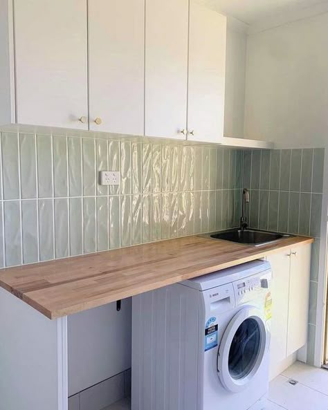 Kaboodle Kitchen, Laundry Renovation, Laundry Reno, Laundry Makeover, Room Wall Tiles, Dream Laundry Room, White Laundry, Garage Laundry, Shed Home