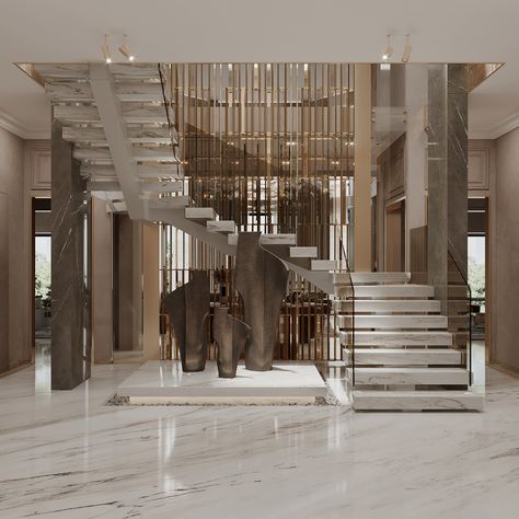 New Classic Villa Interior Design, Stair Rail Ideas, Luxurious Staircase, Luxury Stairs, Staircase Interior Design, Luxury Staircase, Staircase Design Modern, Entrance Decoration, Home Entrance