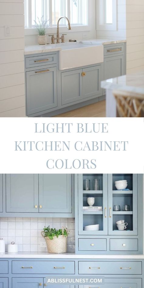 Transform your kitchen into a serene oasis with light blue cabinet colors! This refreshing hue adds a touch of calmness and elegance to any space. #lightbluekitchencabinets #kitcheninspo #kitchendecor Blue Kitchen Apartment, Light Blue Lower Cabinets White Upper, Kitchens With Light Blue Cabinets, Light Blue Cabinet Colors, Sky Blue Kitchen Cabinets, Blue Beach Kitchen, Pastel Blue Paint Colors, White And Light Blue Kitchen, Light Blue Cupboards