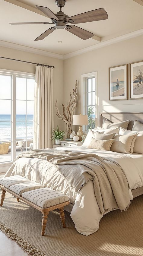 Coastal Master Bedroom Beige Coastal Bedroom, Beige Beach Bedroom, Master Bedrooms Coastal, Coastal Hotel Room, Beachy Lighting, White Beach Bedroom, Bedroom Simple Decor, Costal Bedroom Idea, Beach Bedroom Furniture