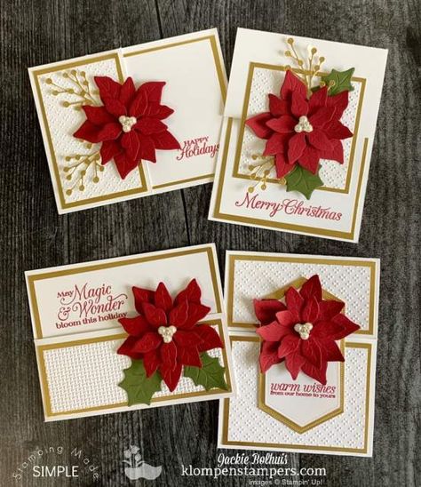 Stamping Christmas Card Ideas, Pointsetia Christmas Cards, Su Christmas Cards Ideas, Card Making For Christmas, Handmade Cards For Christmas, Poinsettia Cards Ideas, Beautiful Christmas Cards Handmade Easy, Christmas Cardmaking Ideas, Beautiful Handmade Christmas Cards