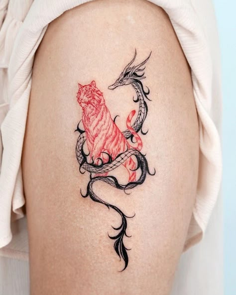 Japan Back Tattoo, Tiger And Dragon Tattoo, Minimalist Dragon Tattoo, Naga Tattoo, Dragon And Tiger, Dragons Tattoo, Chinese Dragon Tattoos, Tiger Tattoo Design, Dragon Tattoo For Women