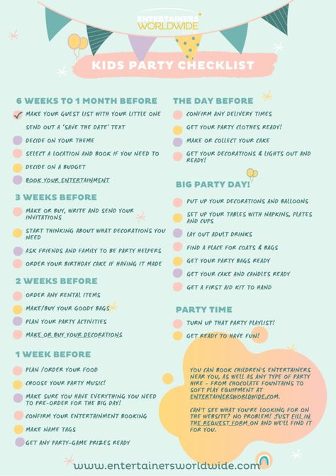 Birthday Party Checklist Kids, Bday Party Checklist, First Birthday Party Checklist, Kids Birthday Party Checklist, Party Essentials List, Birthday Party Checklist, Kids Party Planning, Kids Checklist, Birthday Party Essentials