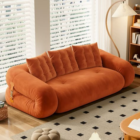 Velvet Pull Out Couch, Cute Sofa Bed, Orange Sofa Decor Ideas, Guest Living Room, Funky Sofa, Cuddle Couch, Futon Living Room, Luxury Sofa Bed, Upholstered Sofa Bed