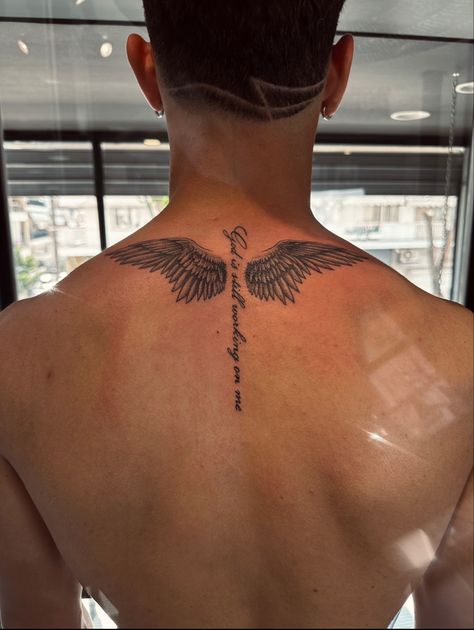 Wing Tattoo Upper Arm, Upper Back Tattoo Men, Back Of Neck Tattoo Men, Back Tattoos For Guys Upper, Cross With Wings Tattoo, Wing Tattoos On Back, Wing Tattoo Men, Small Back Tattoos, Simple Tattoos For Guys