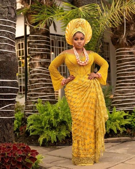 Lace Styles For Child Dedication, Yoruba Photoshoot, Yellow Lace Asoebi Styles, Nigerian Attire, Isi Agu, Veekee James, Nigerian Traditional Dresses, Birthday Attire, Traditional Nigerian Wedding