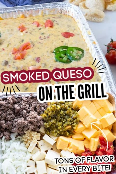 Camping Queso Dip, Cookout Dip Recipes, Grill Cheese Dip, Blackstone Cheese Dip, Campfire Queso Recipe, Queso On Grill, Black Stone Party Food, Cheese Dip On Blackstone, Tik Tok Smoked Queso Dip