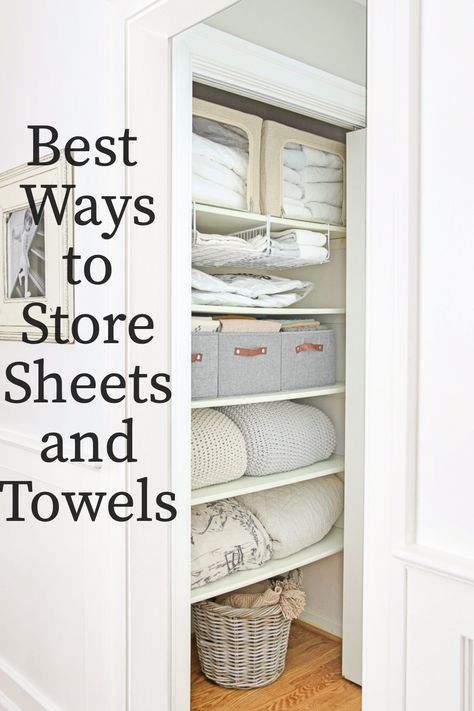 Store Sheets, Linen Closet Design, Linen Closet Shelves, Closet Organization Hacks, Small Linen Closets, Bathroom Linen Closet, Linen Closet Storage, Sheet Storage, Organizing Linens