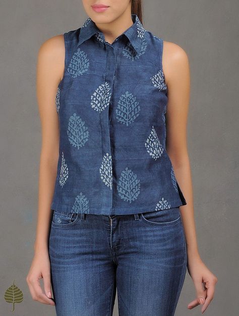 Buy Indigo White Natural Dyed Dabu Printed Collared Chanderi Top by Jaypore Women Tops Online at Jaypore.com Cotton Tops For Jeans, Sew Along, Tops For Jeans, Short Kurti Designs, Cotton Short Tops, Cotton Tops Designs, Short Kurtis, Tunic Designs, Short Kurti