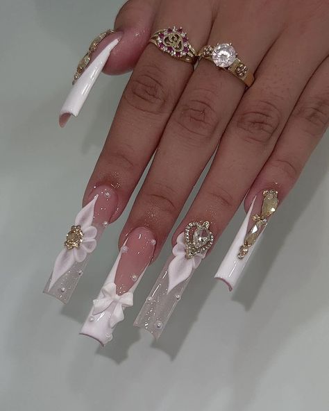 ig: nailsbyzairaa White Blinged Out Nails, Nails Acrylic With Gems, Dior Nails Design, Engaged Nails, White Bling Acrylic Nails, Bling Nails Rhinestones, Cross Nail Designs, Gem Nail Designs, Quince Nails