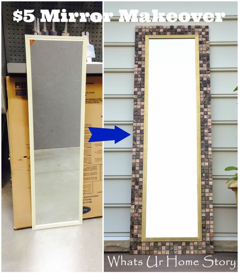 Rectangle Mirror Makeover Diy, Diy Rustic Mirror Frame Ideas, Reframe A Mirror Diy, Diy Floor Length Mirror Makeover, Mirror Border Ideas, Diy Tile Mirror, Tiled Mirror, Cheap Mirror, Mirror Projects