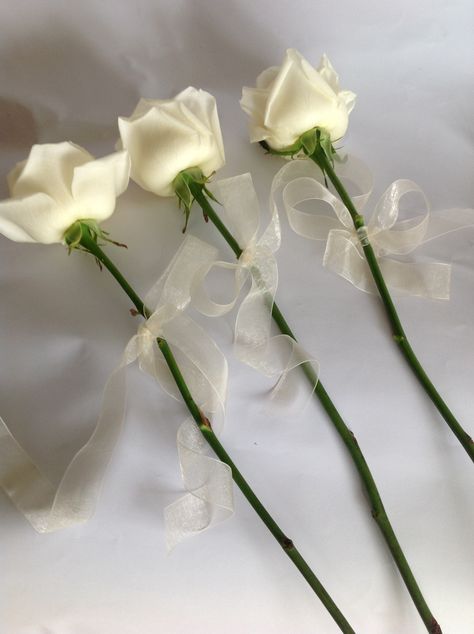 Single roses with ribbon for the bridesmaids                                                                                                                                                     More Single Stem Bridesmaid Flowers, Single Rose For Bridesmaids, Single White Rose Bridesmaid Bouquet, Single White Rose Bridesmaid, Bridesmaid One Flower, Bride Maids Bouquet Simple, Single Rose Decoration, Single Flower With Ribbon, One Rose Bridesmaid Bouquet