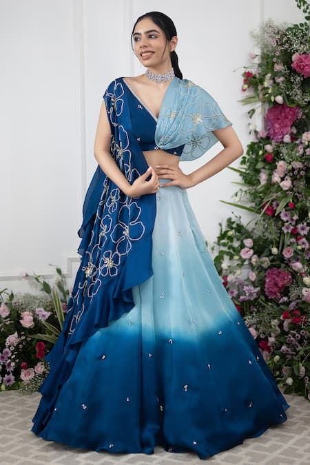 Ombre Lehenga, Floral Cape, Cape Set, Embroidered Cape, Satin Embroidery, Simple Lehenga, Blue Cape, Trendy Outfits Indian, Wedding Lehenga Designs