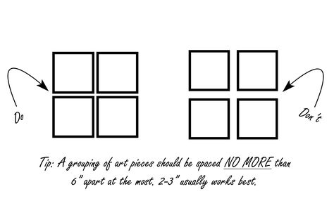 "How to Hang Artwork" guide from Ballard Designs. Set of 4 paintings here, but many different combinations with directions for spacing and layouts. 4 Picture Frames On The Wall, How To Arrange 4 Pictures On A Wall, Hanging 4 Pictures Layout, Hanging 3 Pictures Layout Same Size, Hanging Gallery Wall Tips, Hanging A Gallery Wall Tips, Tips For Hanging Gallery Wall, Proper Picture Hanging Height, Decor Rules