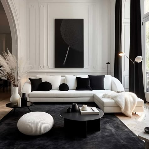 Bedroom Design Black And White, Black And White Living Rooms, Bedroom Design Black, White Living Rooms, Black And White Living Room Ideas, Home Decor Ideas Black, Ivory Living Room, White Living Room Ideas, White Sofa Living Room