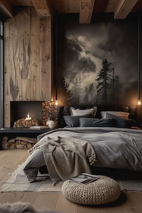 Dark Japandi Bedroom, Bedroom Dark Aesthetic, Dark Bedroom Ideas Cozy, Dark Aesthetic Bedroom Ideas, Artistic Bedroom, Artist Bedroom, Moody Bedroom, Dark Wood Floors, Modern Bedroom Design